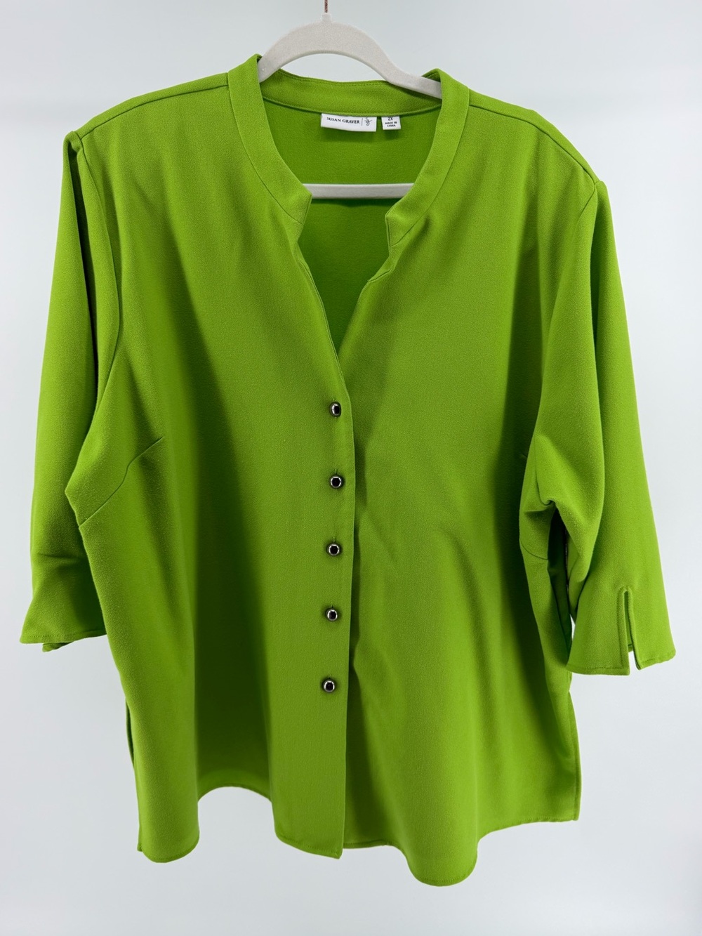 Susan Graver Green Button-Front 3/4 Sleeve Shacket Blouse, Women's 2X